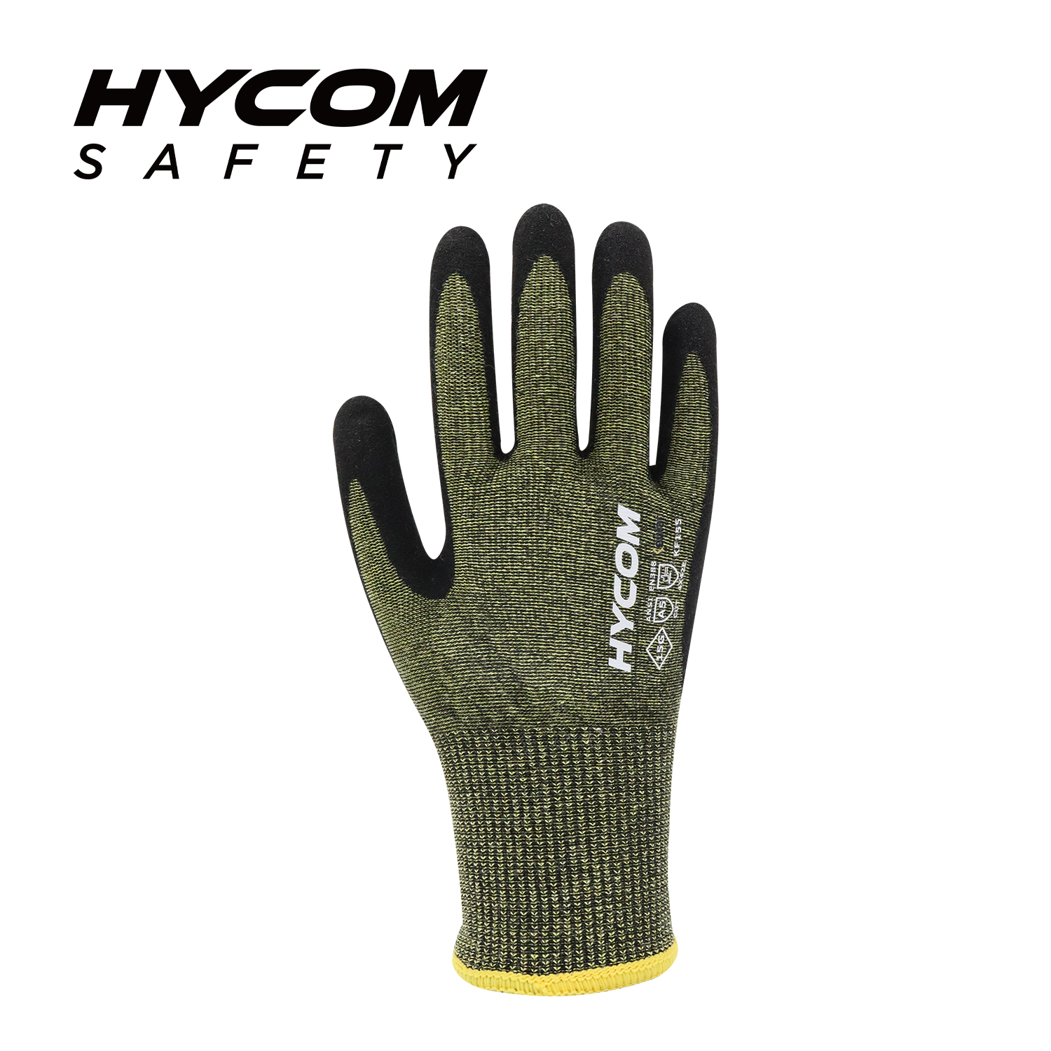 HYCOM 15G ANSI 5 Para-Aramid-Schnittschutzhandschuh mit Handflächen-Sandy-Nitrilbeschichtung, HPPE-Handschuh