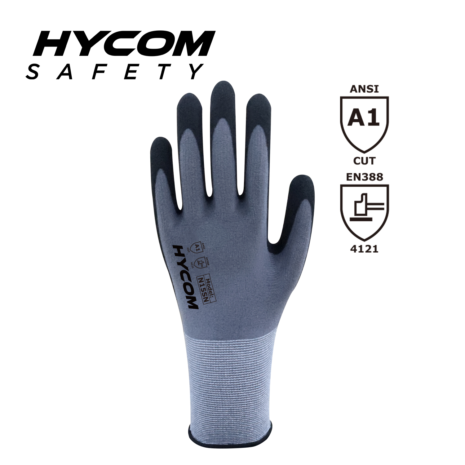 HYCOM 15 g feiner Nylon-Spandex-Handschuh mit sandfarbener Nitrilbeschichtung auf der Handfläche, Bildschirm-Touch-Arbeitshandschuh