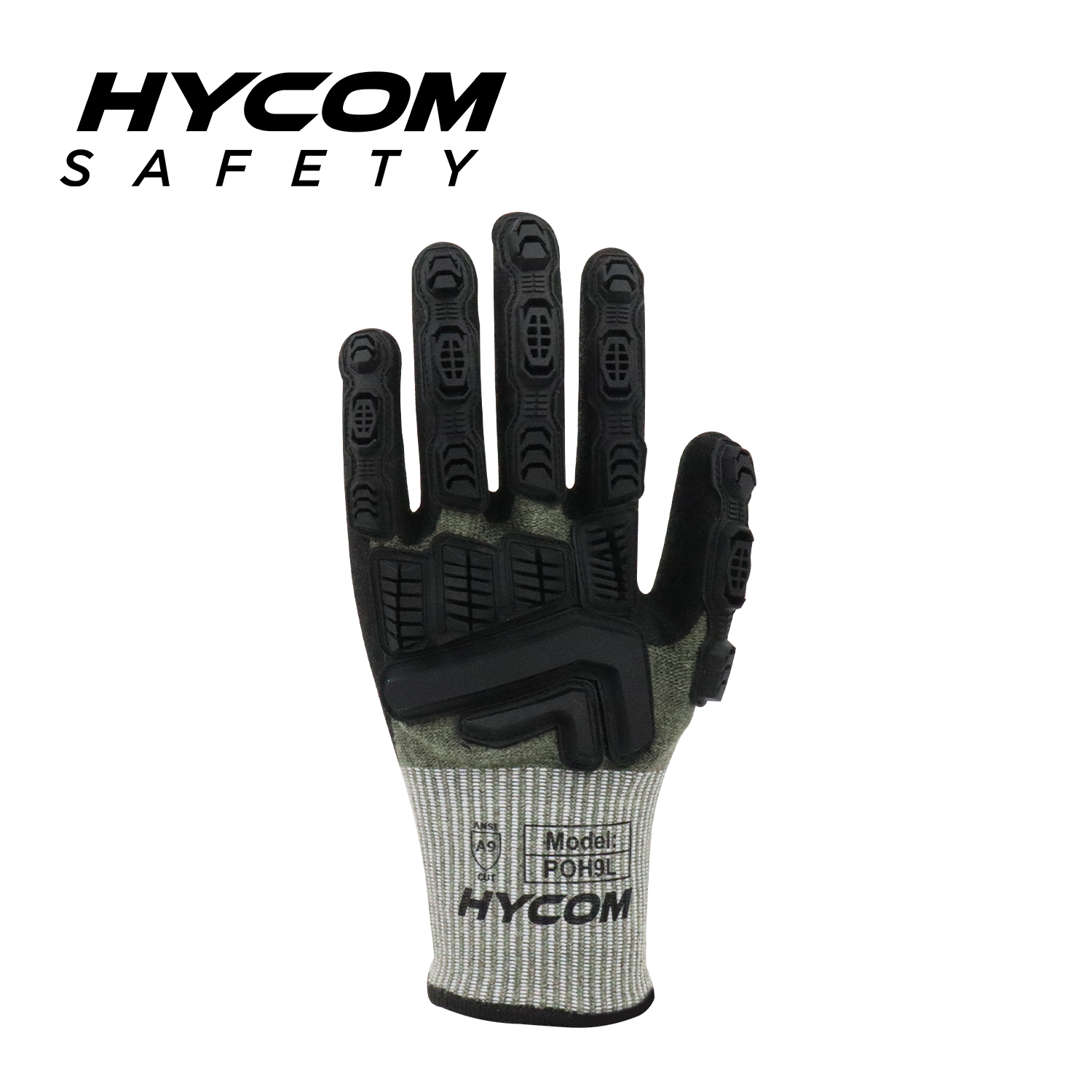 HYCOM Atemgeschnittener 13G ANSI 9 schnittfester Handschuh mit sandiger Nitril- und TPR-Beschichtung, atmungsaktive HPPE-Arbeitshandschuhe mit angenehmem Handgefühl