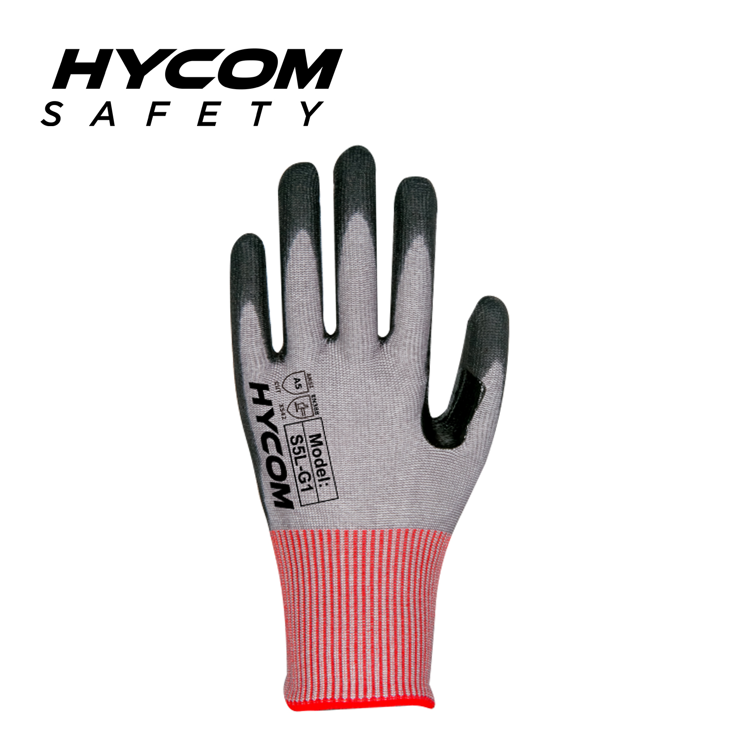 HYCOM 13G Cut Level 5 ANSI 5 Daumenschritt verstärkter schnittfester Handschuh, beschichtet mit PU-Arbeitshandschuhen
