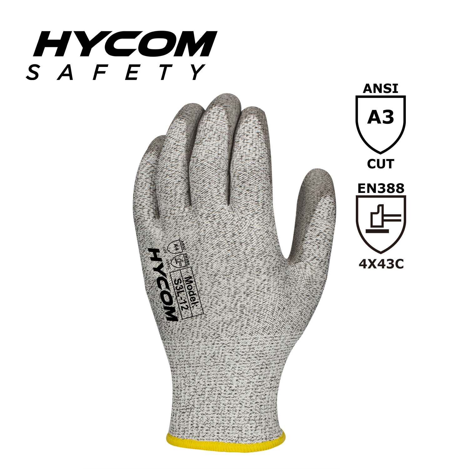 HYCOM 13G Level 5 ANSI 3 Schnittfester Handschuh mit Polyurethan-Beschichtung der Innenhand Arbeitshandschuhe